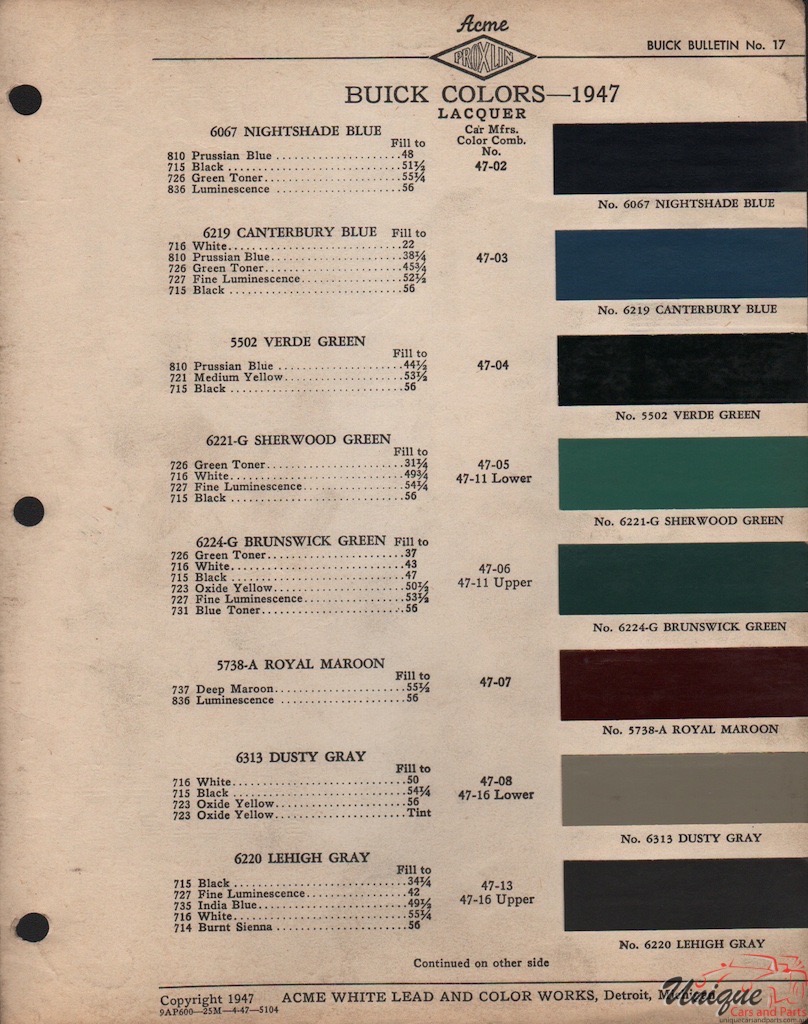 1947 Buick Paint Charts Acme 1